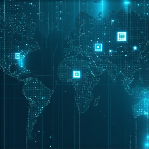 Futuristic digital map with AI and data analytics icons for advanced Maps SEO in 2024.