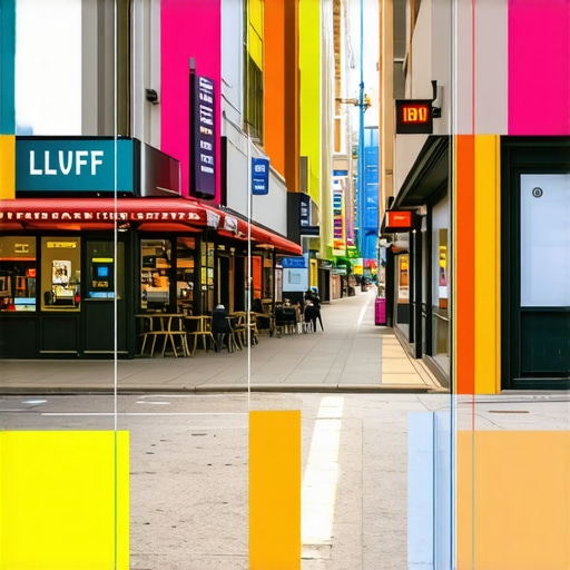 Cityscape with augmented reality overlays showcasing local businesses and directions