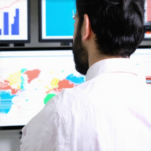 Advanced Maps SEO Analytics Dashboard SEO analyst working on local maps data with dashboards and predictive analytics tools.