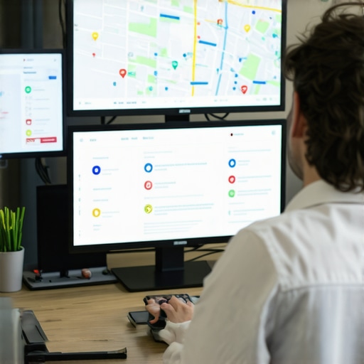 Person analyzing local search analytics on computer screens, illustrating advanced SEO techniques.