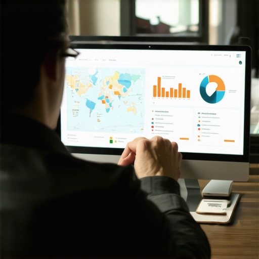 Digital marketer analyzing local SEO data with maps and graphs.