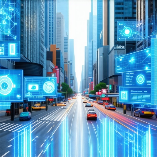 Cityscape with augmented reality overlays and AI analytics visualizations