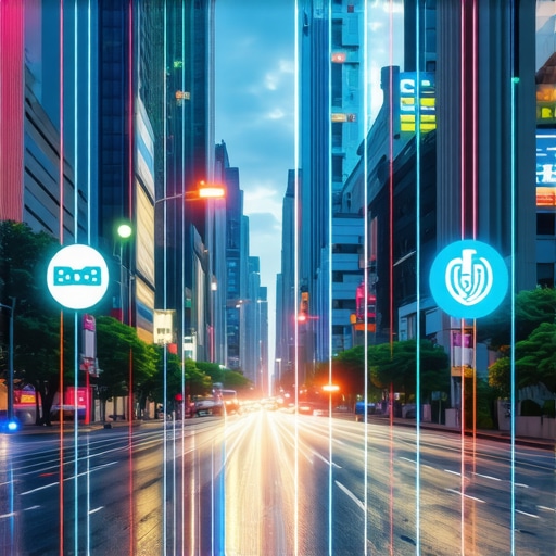 Cityscape with augmented reality and voice search icons representing innovative local discovery