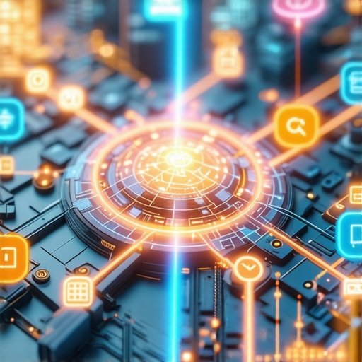 Futuristic digital map with AI, data analytics, and multimedia icons illustrating advanced local SEO strategies.