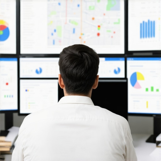 A strategist reviewing local search analytics and AI-driven SEO data on multiple screens.