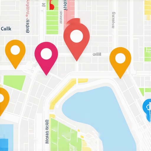 Map with business markers and SEO icons demonstrating geospatial analysis for local SEO