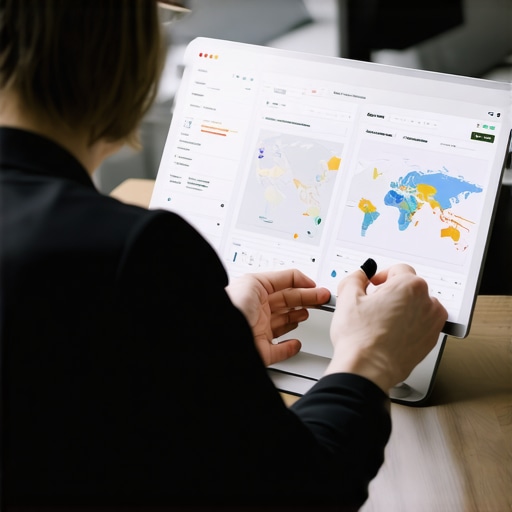Business owner reviewing local SEO analytics on computer with maps and graphs