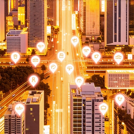 Cityscape with digital map overlays representing local business locations and SEO strategies