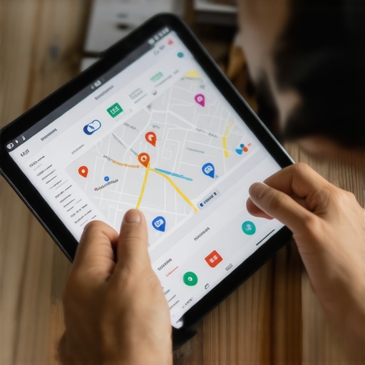 Business owner reviewing local SEO analytics and maps on a tablet.