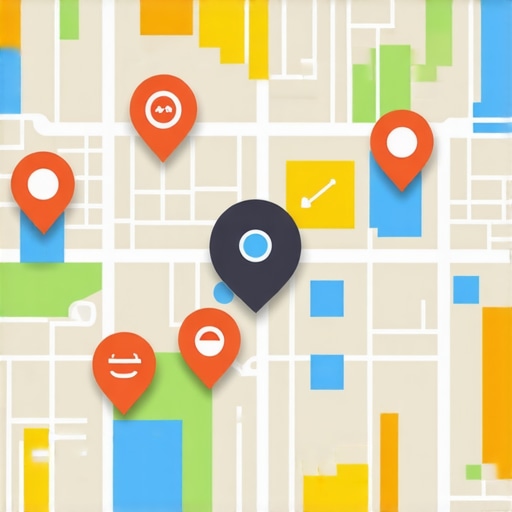 Digital map with analytics and SEO icons for advanced local search strategies.