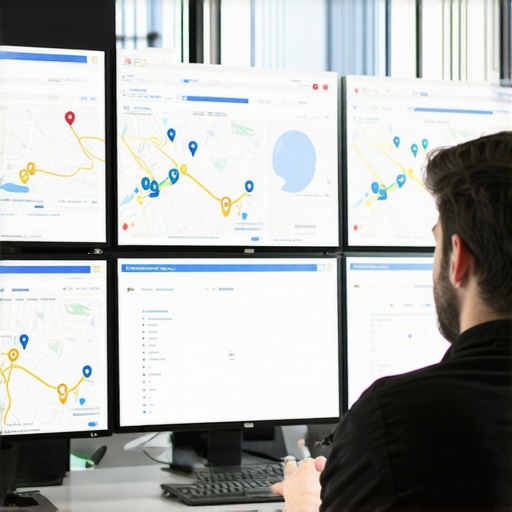 SEO specialist reviewing local map analytics on dual monitors.
