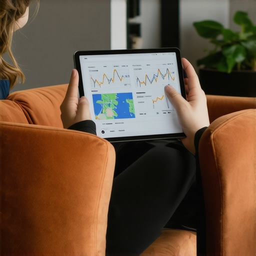 Business professional reviewing local SEO analytics on a tablet with maps and charts