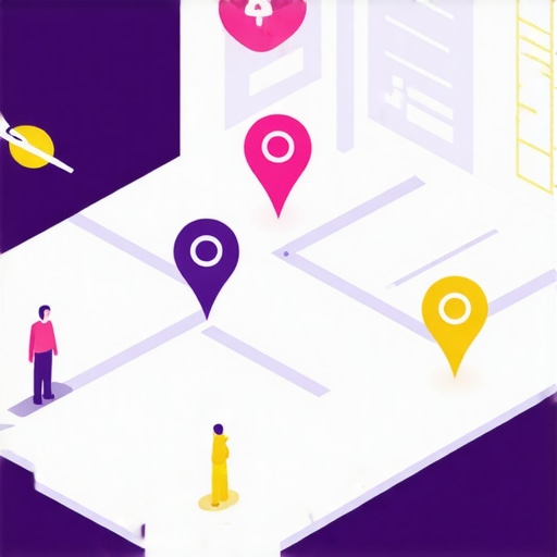 Digital map showcasing local landmarks, SEO icons, and analytics charts.