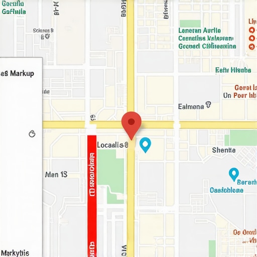 Illustration of Google Maps with SEO elements, schema, and analytics dashboard.