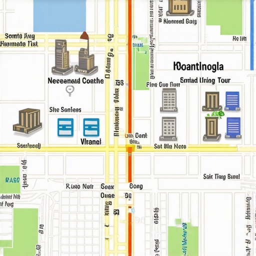A detailed map showing local landmarks and a virtual business tour interface