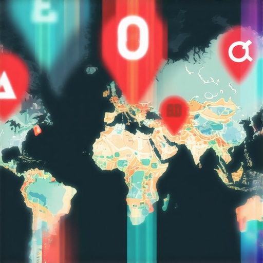 Digital map with SEO icons representing local search strategies.