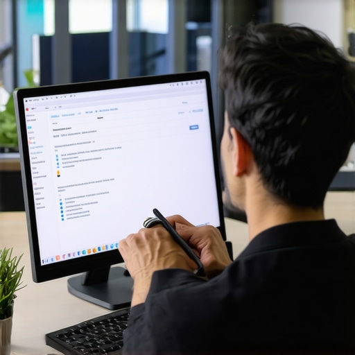 Business professional applying schema markup on a computer for local SEO enhancement.