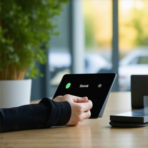 Person using voice command on smart device in office setting.