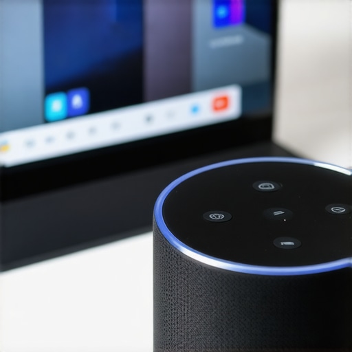 Person using smart speaker with local business search display, illustrating voice search technology.