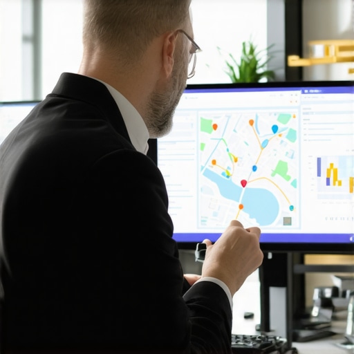 AI-powered geospatial analysis in local SEO Business owner examining digital maps with analytics tools for local SEO insights