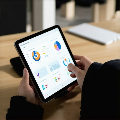 Business owner reviewing local SEO analytics on a tablet with charts and maps.
