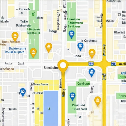 Futuristic augmented reality map highlighting local businesses in an urban environment.