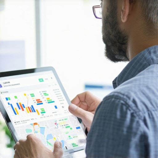 Business owner reviewing local SEO and community engagement metrics on a digital tablet.