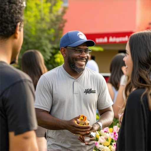 Business owner interacting with neighborhood locals during a community gathering.