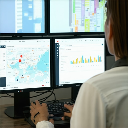 SEO analyst working with maps and analytics dashboards for local search optimization.