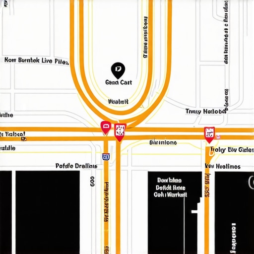A digital map displaying real-time traffic, weather, and personalized local business icons.