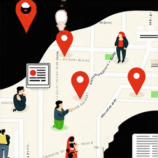 Illustration showing hyperlocal content elements like community maps, local events, and neighborhood keywords.