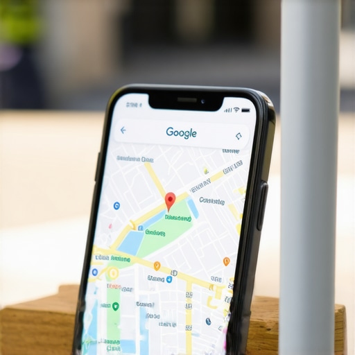 Smartphone displaying Google Maps search results for nearby businesses.