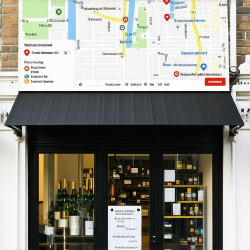 A digital illustration of a storefront overlaid on a map with highlighted local search results.