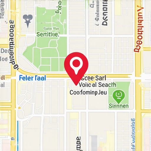 Illustration of a city map with voice command icons and digital search overlays.