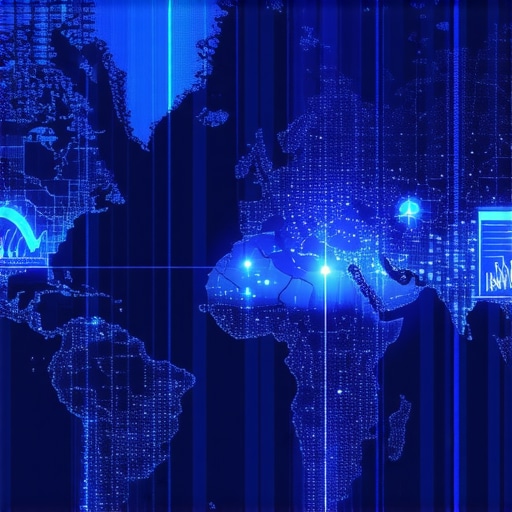 Futuristic digital map displaying geospatial data with analytics overlays, representing predictive SEO strategies.