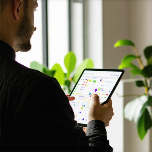 Business owner reviewing maps SEO data on tablet in office