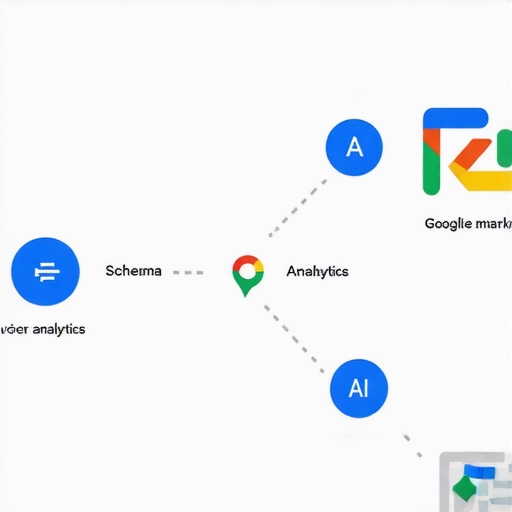 Illustration of local SEO elements interconnected, including schema markup, voice search, multilingual optimization, and AI-driven analytics.