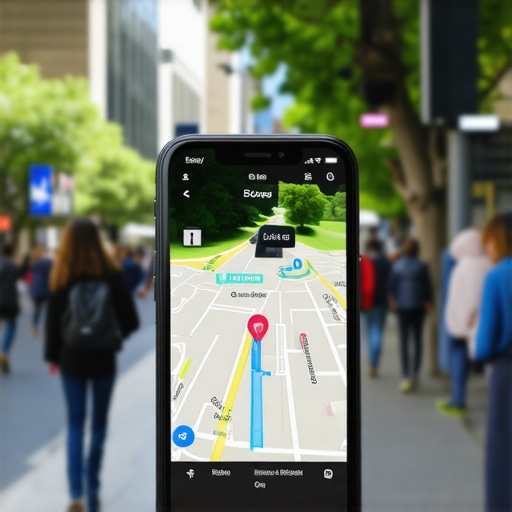 Smartphone screen showing AR navigation in a busy city square.
