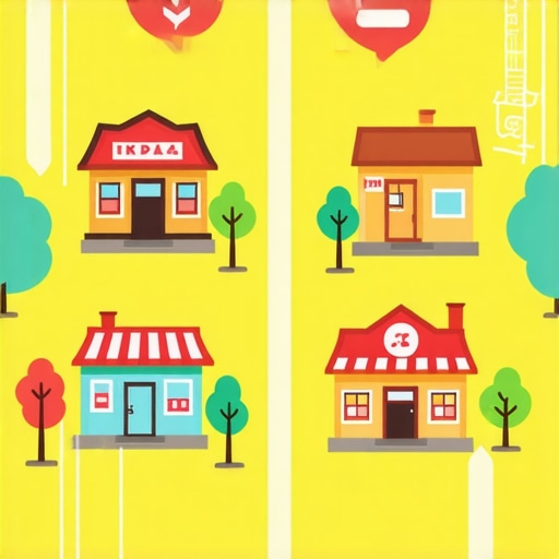 Neighborhood scene depicting local businesses, community events, and digital interaction elements.