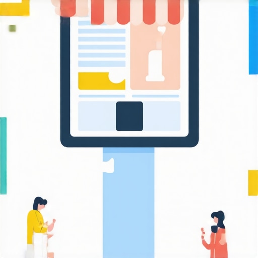 Community Engagement and Schema Optimization A business owner interacting with locals while digital schema markup icons float around.