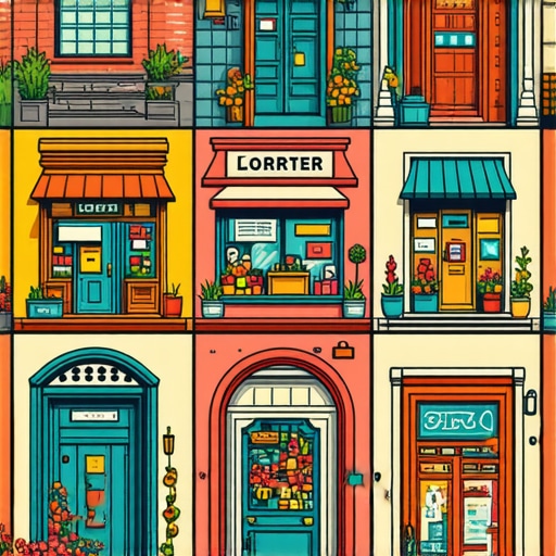 Neighborhood with local businesses, community event, and digital icons representing engagement