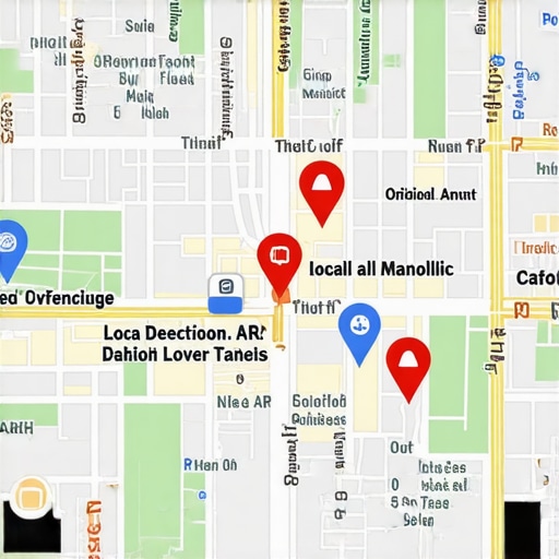Futuristic Local Map with Augmented Reality Augmented reality view of a city with highlighted local businesses and geo-fencing zones.