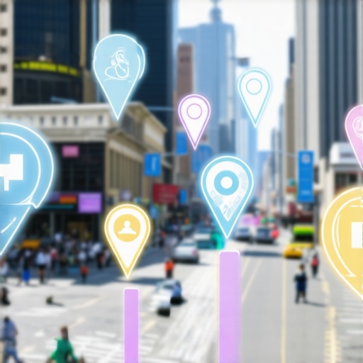 Holographic maps showcasing local businesses in a smart city environment.
