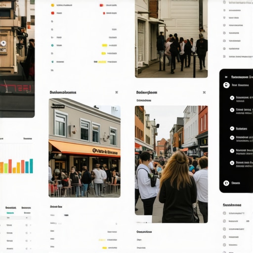 Collage of local businesses, community activities, and analytics tools indicating targeted local SEO efforts.