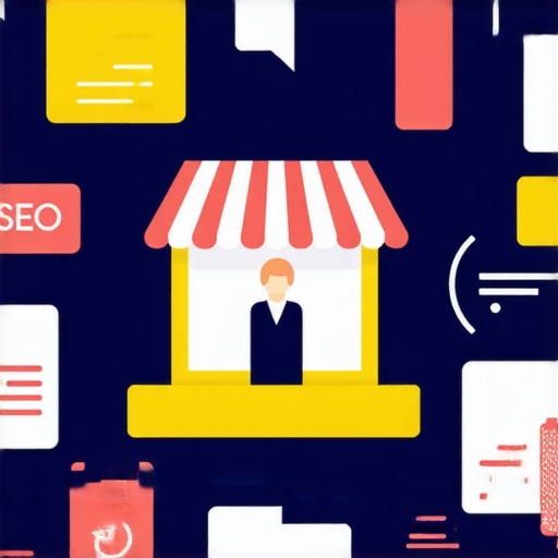 A modern local business with digital signals indicating SEO strategies and voice search optimization.