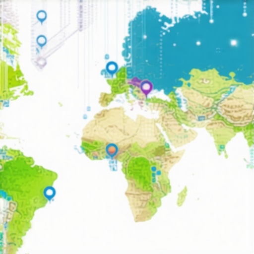 Illustration of interconnected local community icons and digital signals