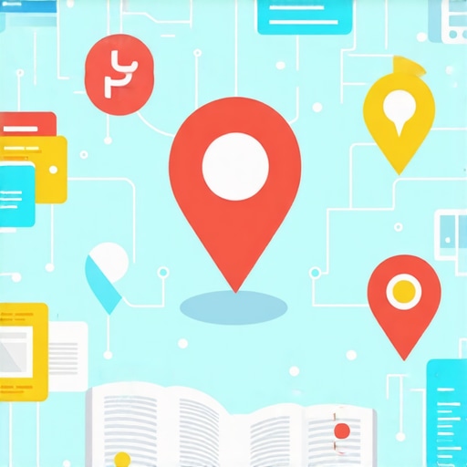 Illustration of a local business with digital semantic search concepts.