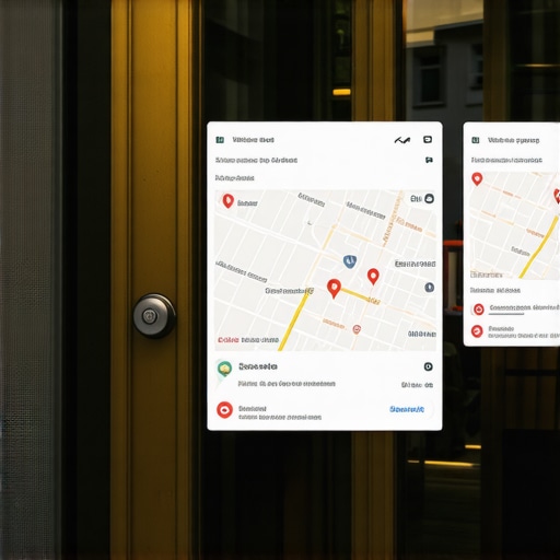 City storefront with digital overlay of local search rankings and maps