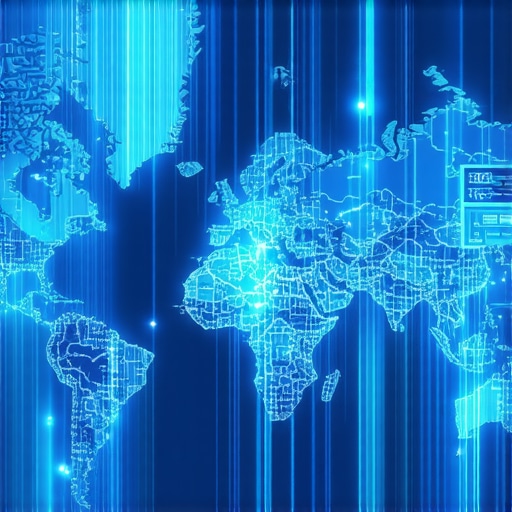 AI-Enhanced Local Map Optimization Futuristic map with digital data overlays and AI signals for local SEO