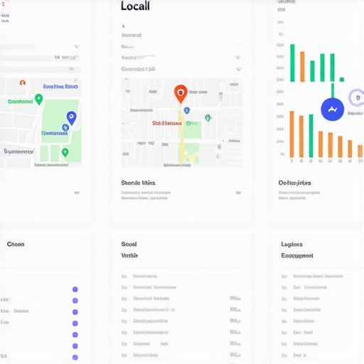 A sleek digital dashboard showing local SEO performance metrics, schema implementation, and map ranking insights.